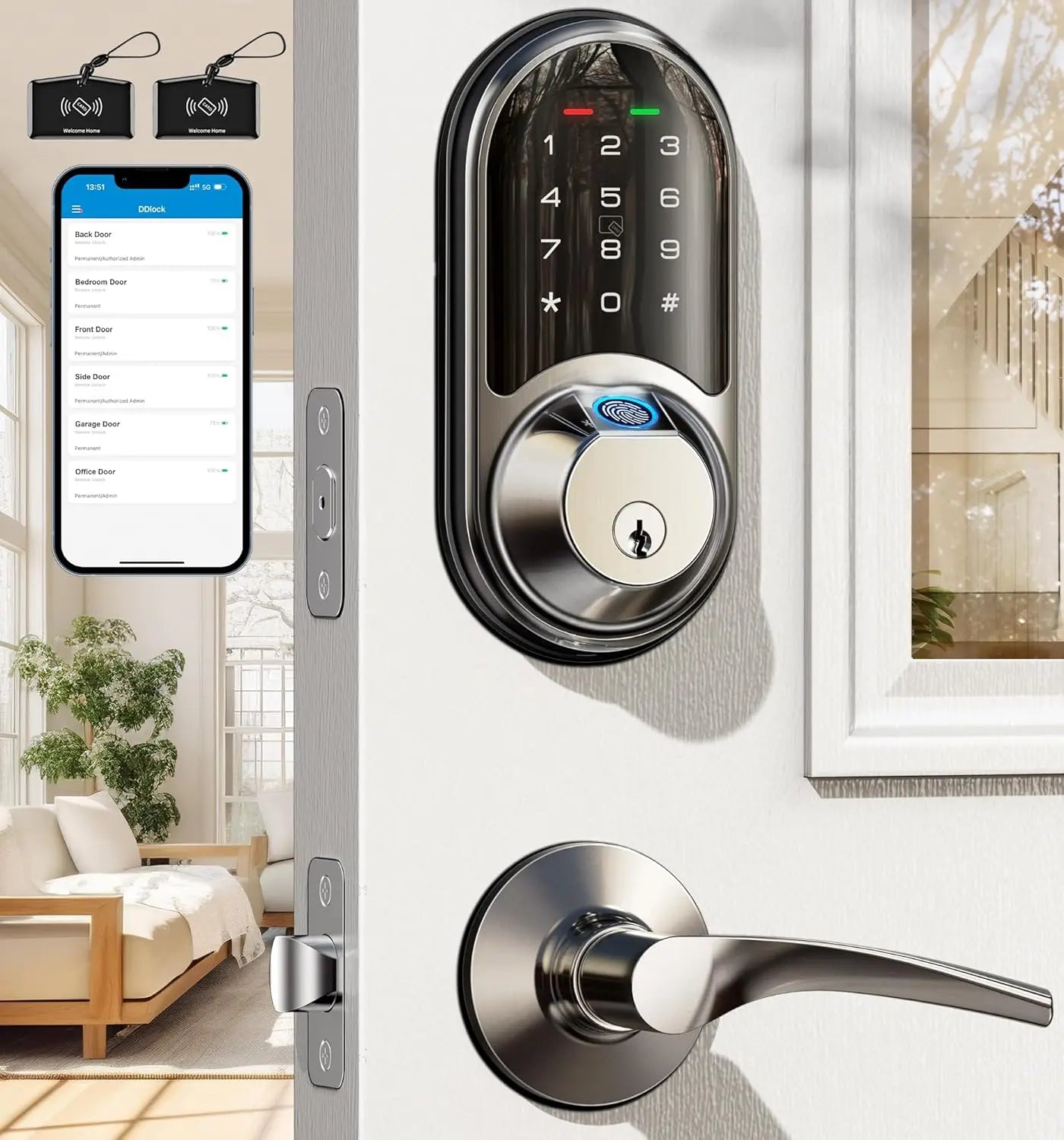 Smart Locks for Front Door, 2 Lever Handles, Fingerprint Keyless Entry, App Control