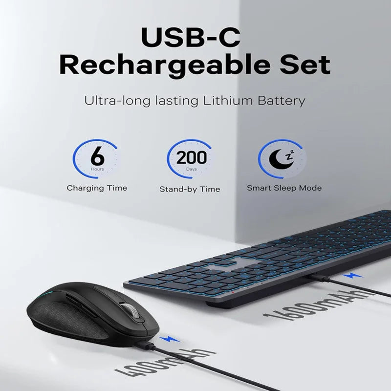 Jomaa RGB Backlit Silent Wireless Keyboard and Mouse Combo 2.4G Dual Mode Rechargeable Wireless Keyboard Mouse set for Desktop/L