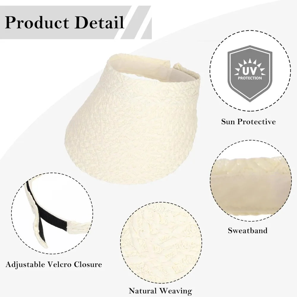 Womens Sun Hat Straw Visor UV Protection Wide Brim Packable TravelCap for Beach