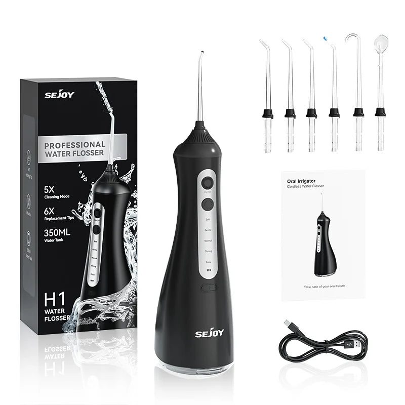 Sejoy Electric Oral Irrigator Water Dental Flosser Pick for Teeth Cordless 350ML Water Tank,6 Cleaning Modes, IPX7 for Home