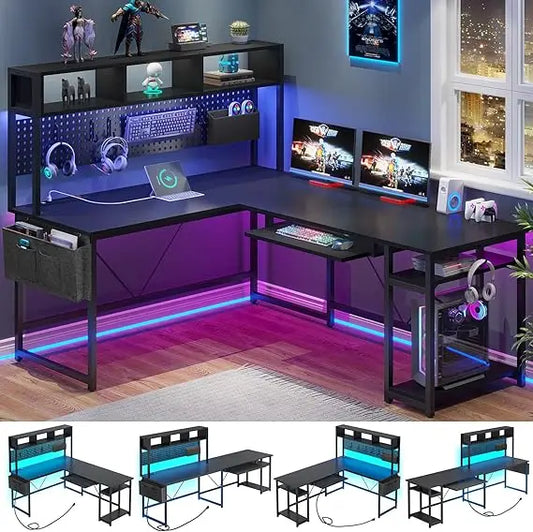 White L Shaped Gaming Desk, Reversible Corner With Power Outlet