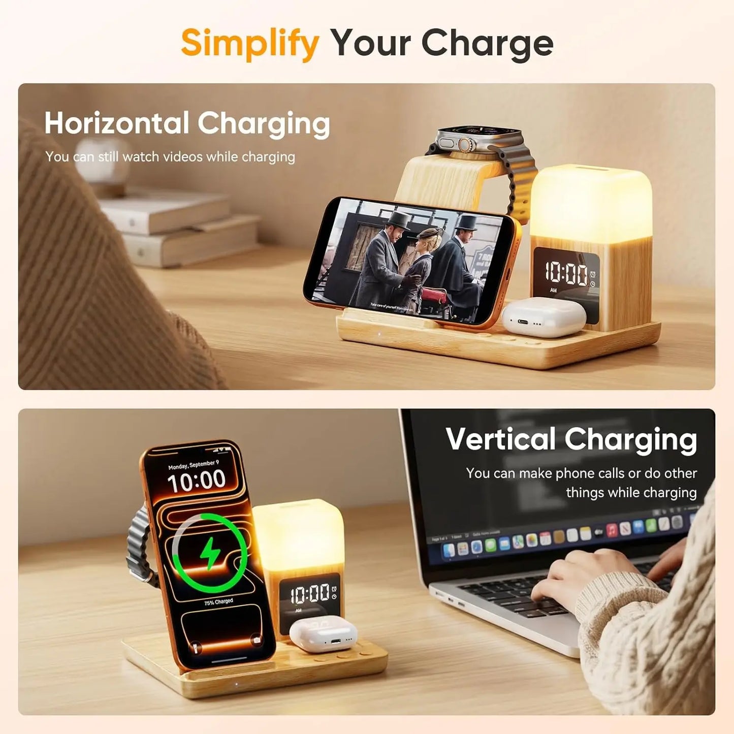 6 in 1 Wireless Charging Station with Clock & Night Light for iPhone, Apple Watch, AirPods