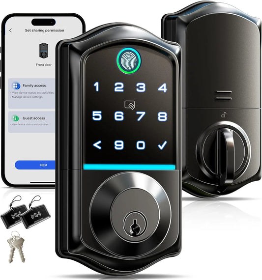 Fingerprint Smart Door Lock, App Control, 7-in-1 Keyless Entry, Auto Lock, Emergency Power Port