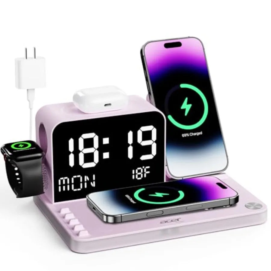 7-in-1 Wireless Charging Station with LED Clock - 30W Fast Wireless Charger for iPhone 16/15/14/13/12/Pro Max Apple Watch AirPo