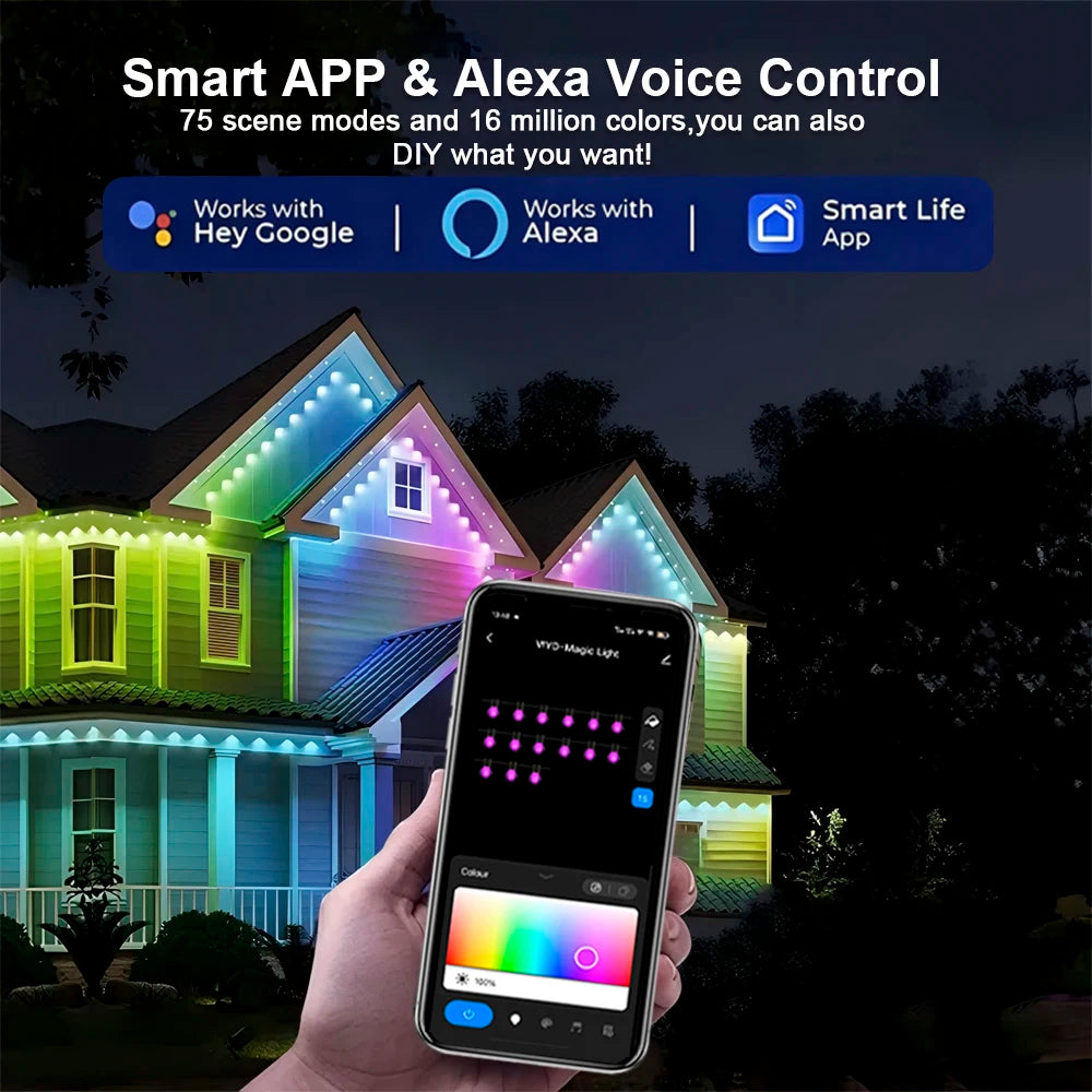 100ft RGBIC Eave Lights Smart Outdoor Waterproof Smart LED Light String DIY Christmas Decorations Light Permanent Outdoor Lights