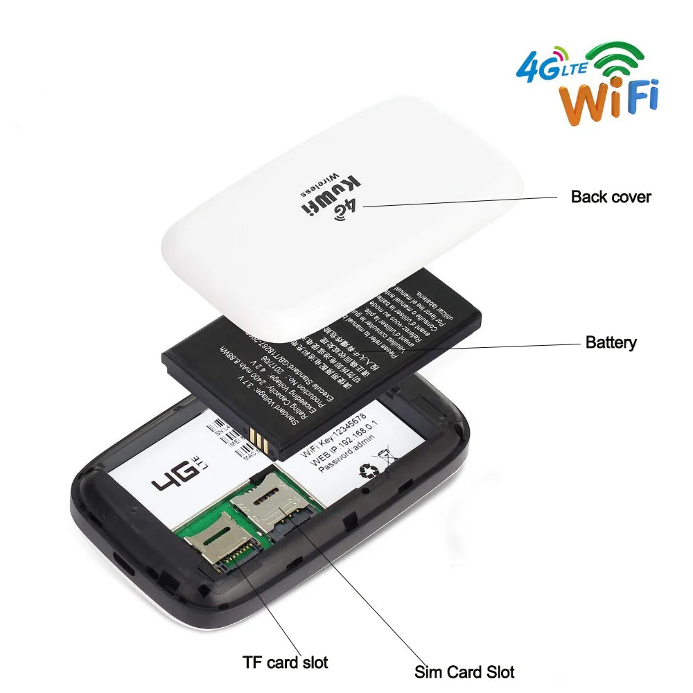 KuWFi 4G Mobile Router 150Mbps Wirelress Wifi Hotspot Protable LTE Router 2400mAh 4G Mini Router Low Power with SIM Card Slot