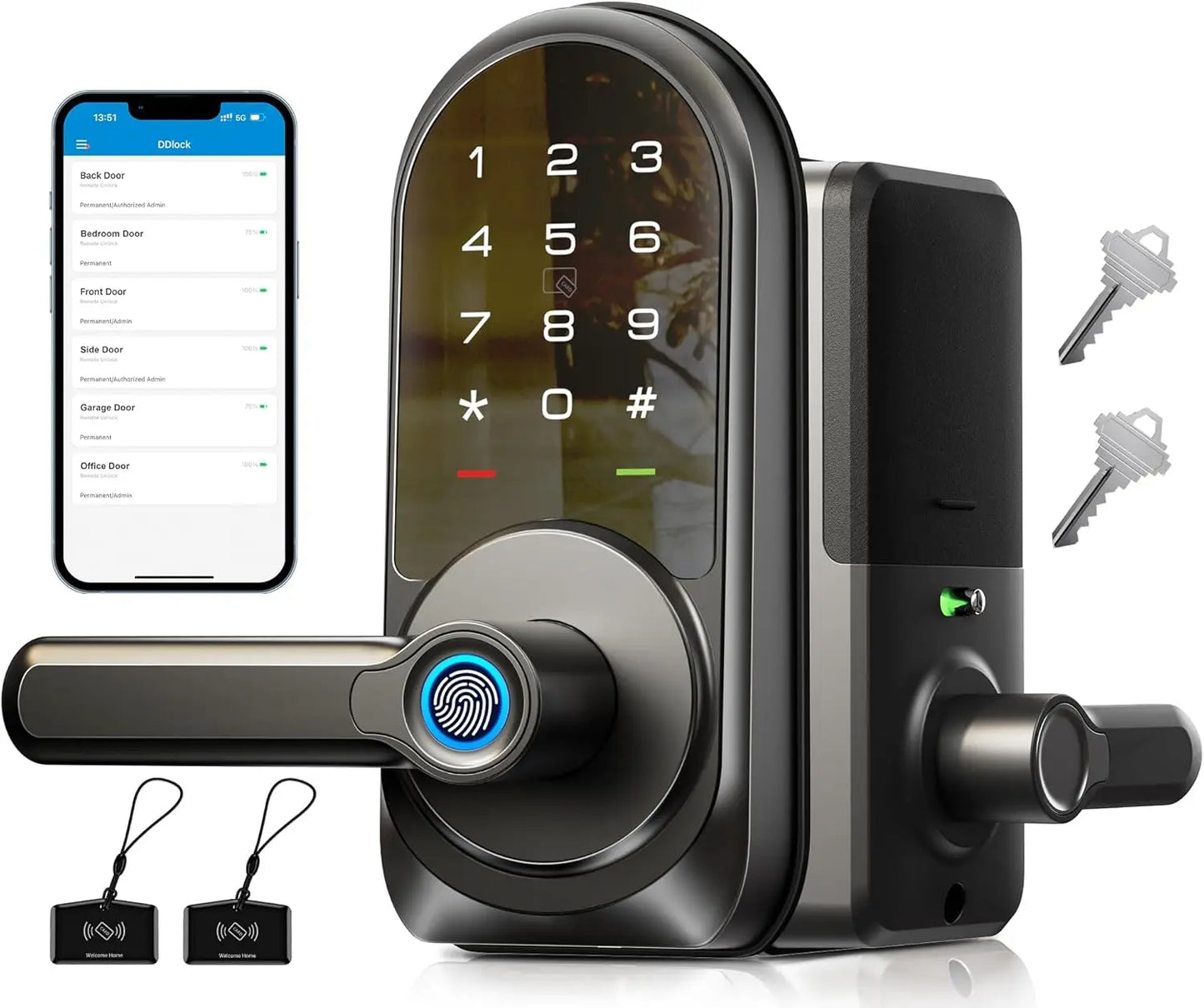 Smart Lock, 7-in-1 Keyless Entry with Handle Set, APP Control Fingerprint Deadbolt