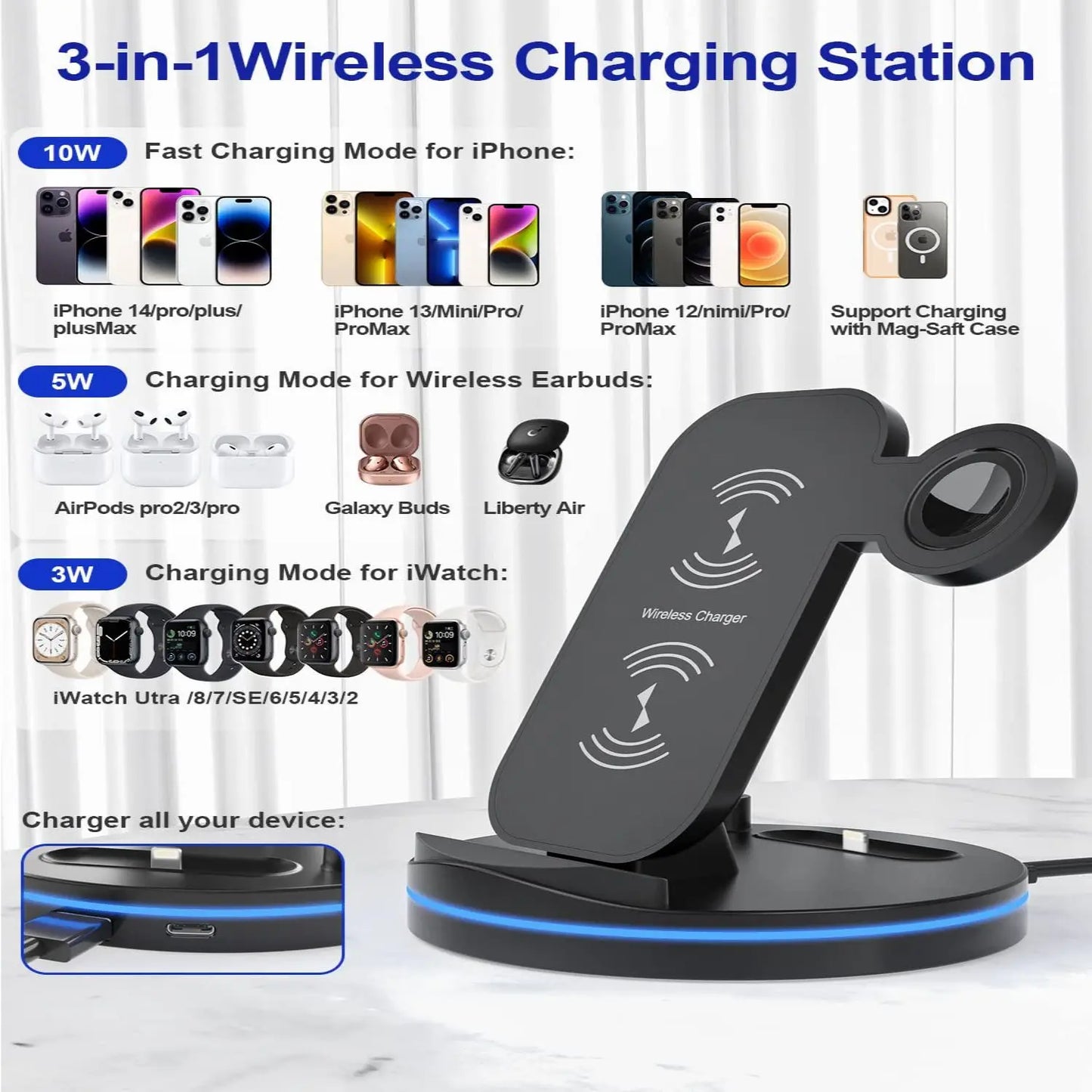 Charging Station for Multiple Devices,3 in 1 Fast Wireless Charging Stand Dock for iPhone 14/13/12/11/Pro/Max/XS/XR/X/8/Plus, fo