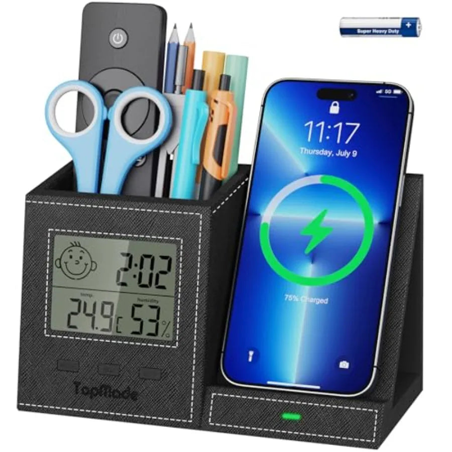 Wireless Charger with Pen Holder, PU Leather Desk Nightstand Organizer Fast Charging Station, Home Office Supplies Pencil Holde