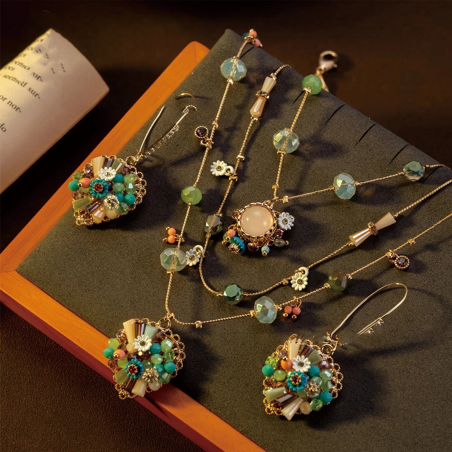 Silver, Multi-layer heart bead set, Bohemian style, pendant set with natural stones,