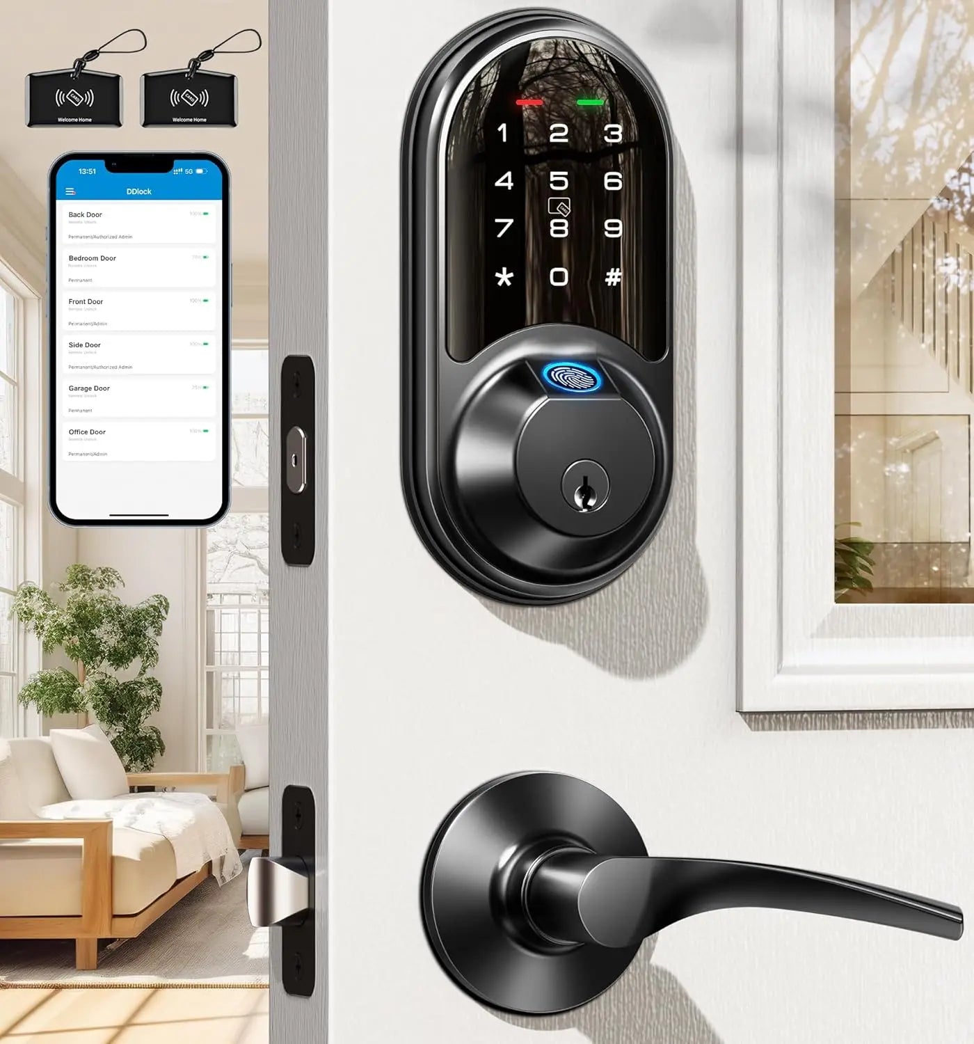 Smart Locks for Front Door, 2 Lever Handles, Fingerprint Keyless Entry, App Control