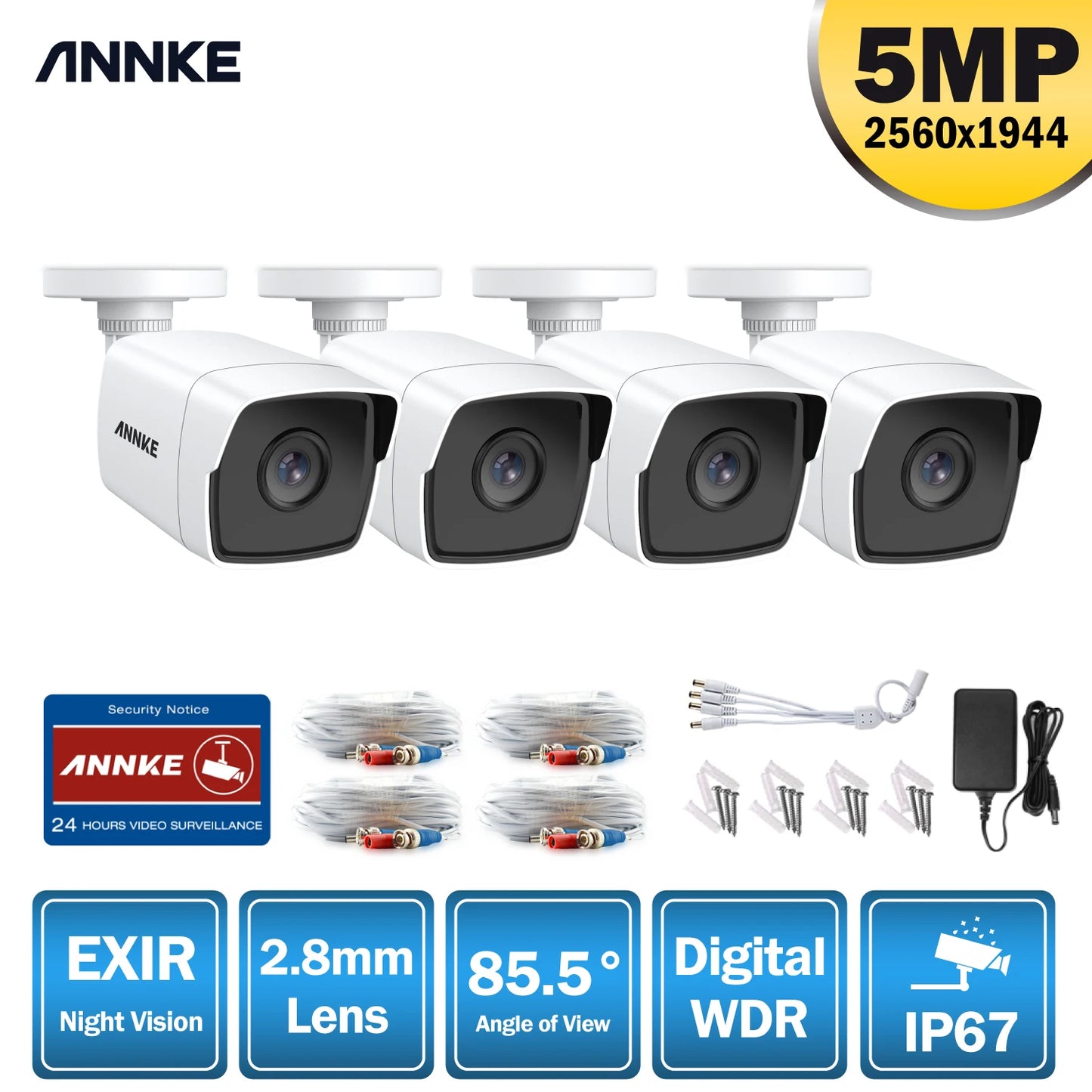 ANNKE 4PCS Ultra HD 5MP CCTV TVI Camera Outdoor Waterproof Bullet Security Surveillance System EXIR Night Vision Email Alert Kit