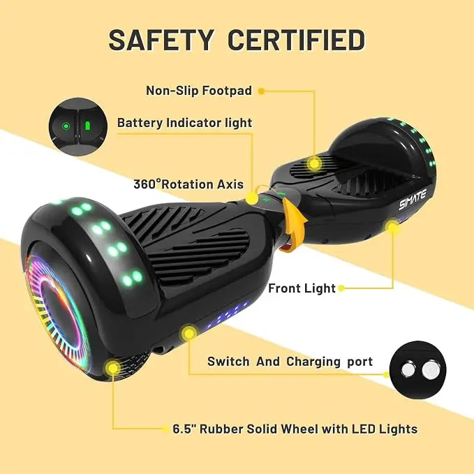 SIMATE 6.5 Inch Self-Balancing Hoverboard with Bluetooth Speaker & Colorful LED Wheel Lights, Electric Scooter Gift for Kids Adults