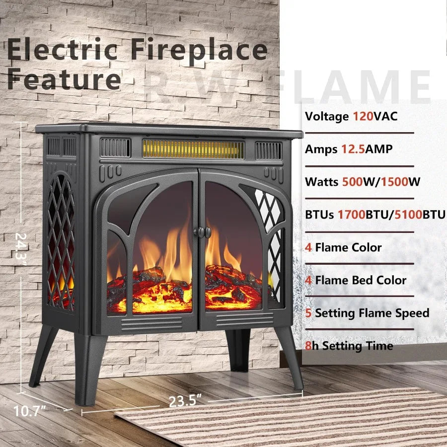 Electric Fireplace Stove Heater with Remote Control for Living Room or Bedroom