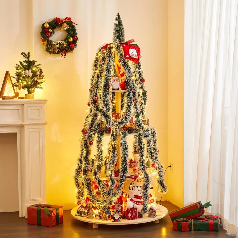 5.15Ft Christmas Tree, 5 Tier Christmas Tree with Shelves-Wooden Christmas Village Tree,