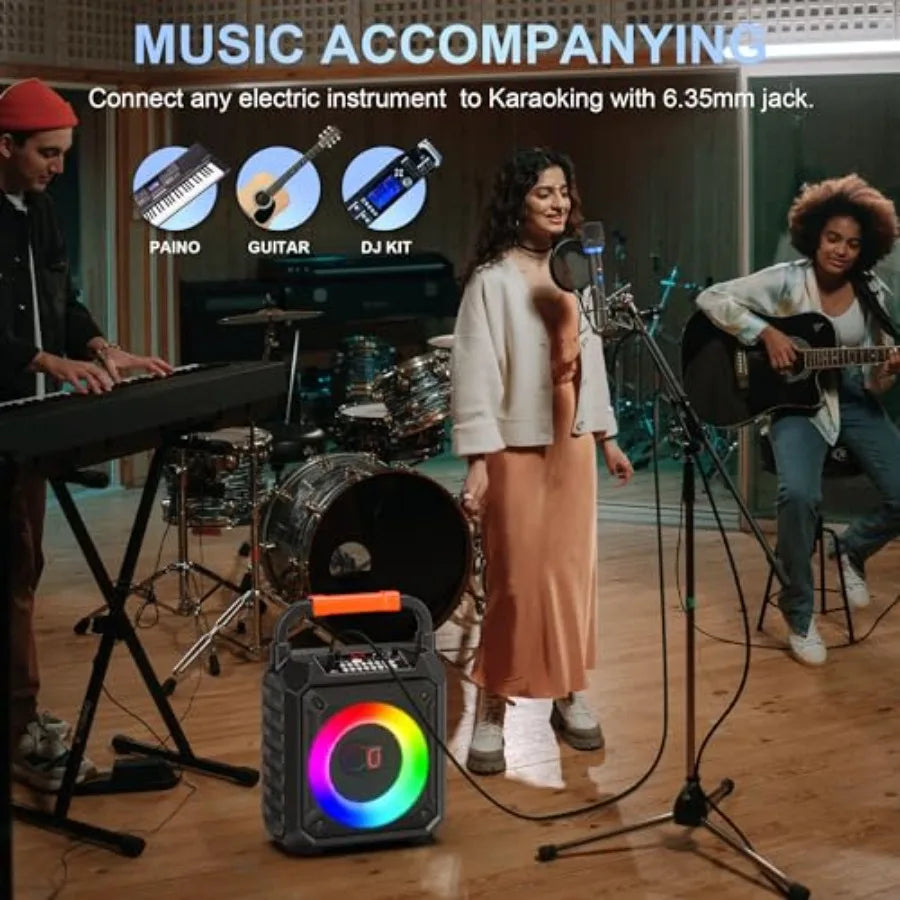 Karaoke Machine for Adults and with 2 Wireless Microphones, Portable Bluetooth Speaker with LED Lights, Supports USB/TF Card/AU