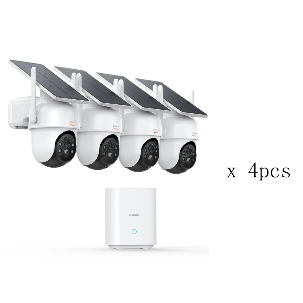 Dekco 3MP Solar Camera System 4 Cams Kit 5000mAh Battery Wireless 360° PTZ Surveillance Wifi Camera Set Support Alex 2-way Audio