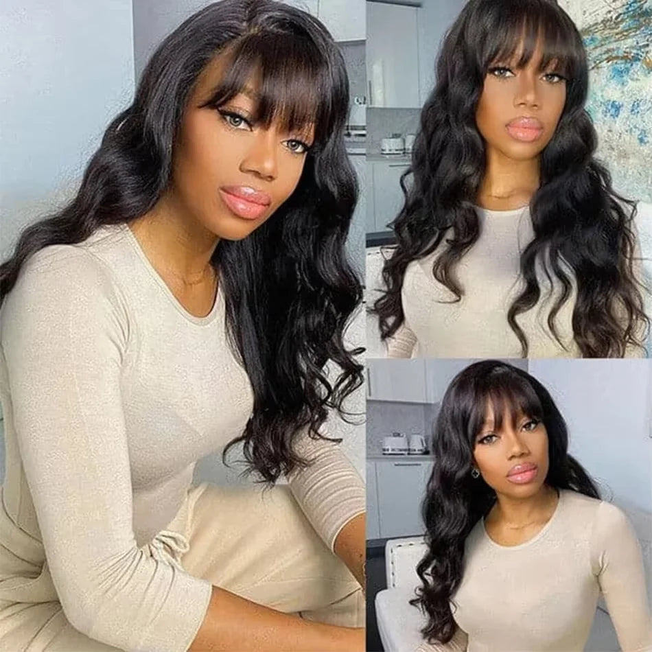 30 Inch Middle Part Lace Wig bob wigs With Bangs Body Wave Human Hair Wig