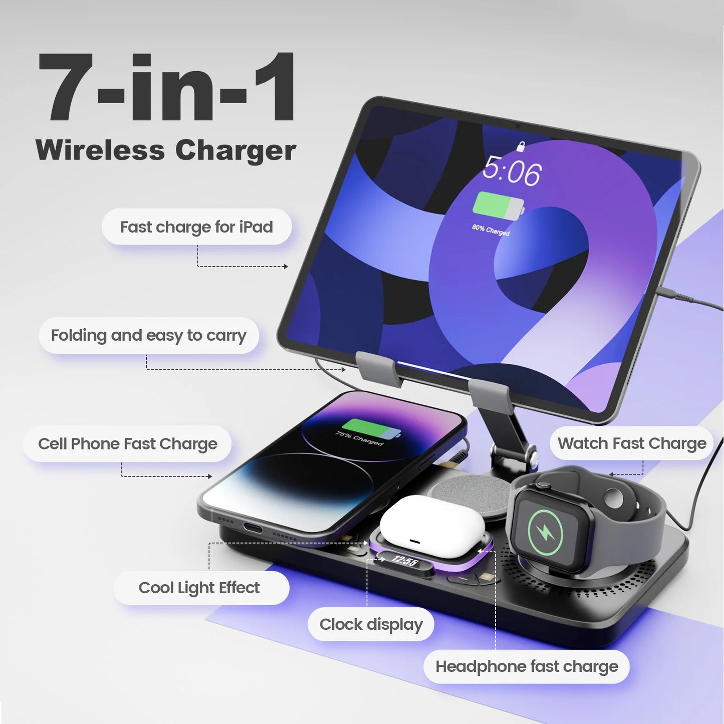 7 in 1 Wireless Chargers Station Magnetic 15W Fast Charg Foldable Multiple Devices for iPhone 17 16 15 14 13 Apple Watch Airpods