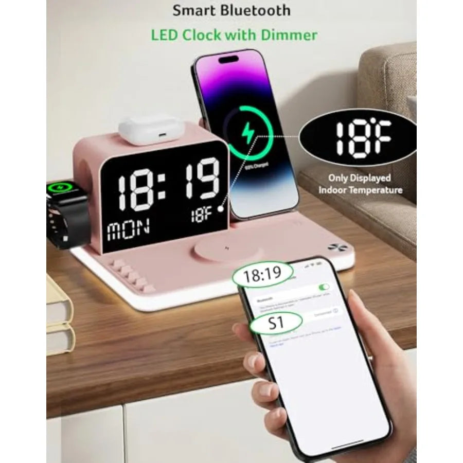 7-in-1 Wireless Charging Station with LED Clock - 30W Fast Wireless Charger for iPhone 16/15/14/13/12/Pro Max Apple Watch AirPo