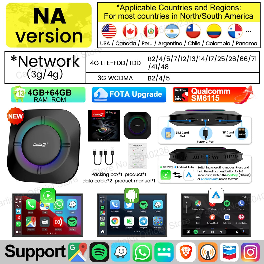 CarlinKit S2 CarPlay Ai Box LED Android 13 Streaming Box 64G