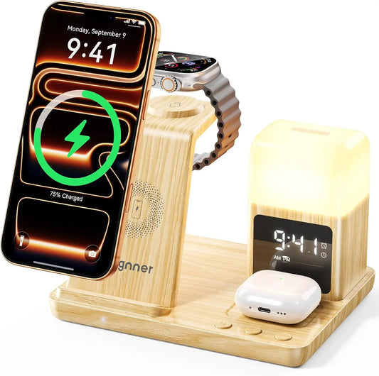 6 in 1 Wireless Charging Station with Clock & Night Light for iPhone, Apple Watch, AirPods