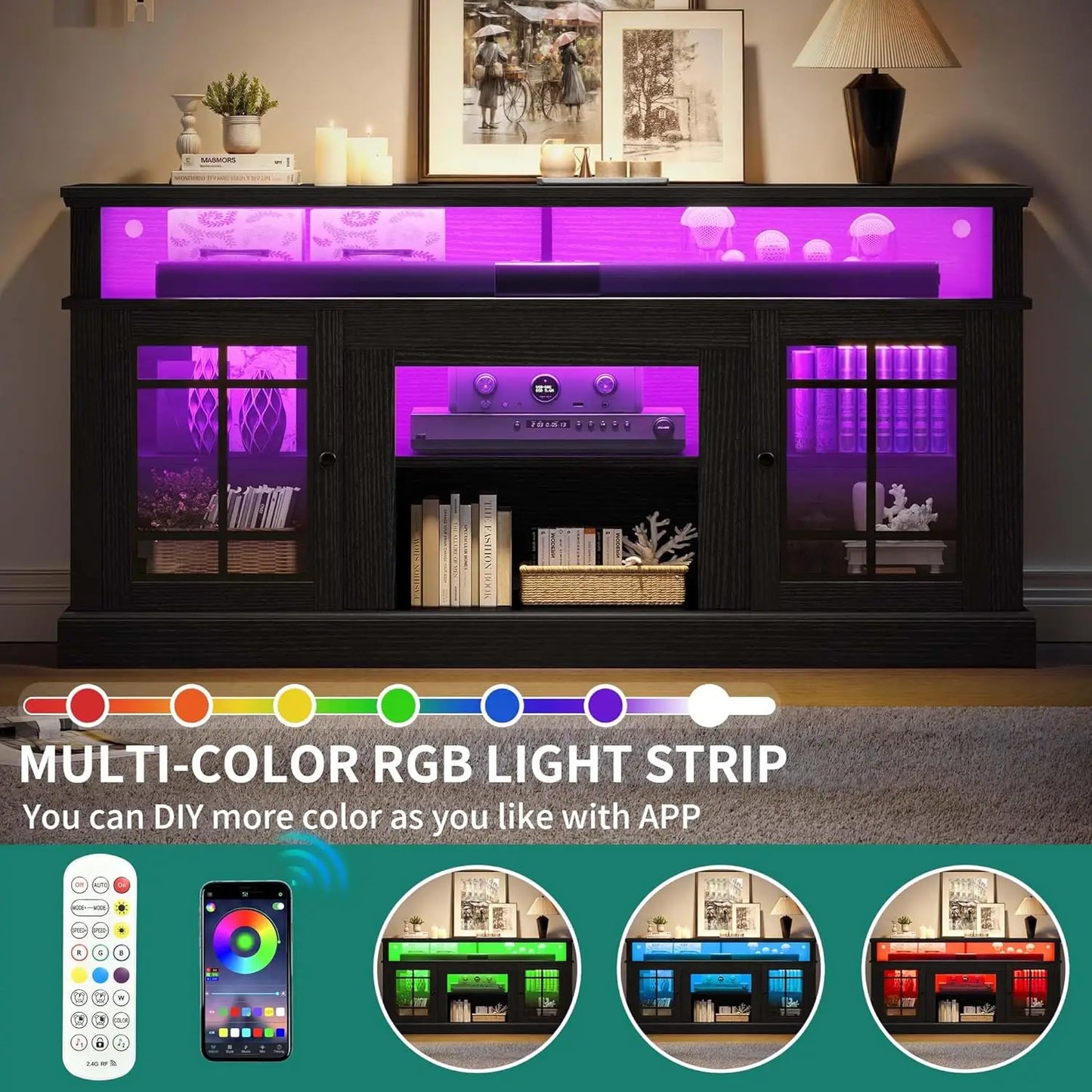 Black TV Stand for 75 Inch TV LED Modern Entertainment Center
