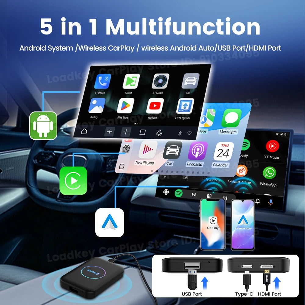 CarlinKit 5 in 1 LITE S Android TV Box Wireless Carplay Android Auto For Youtube Netflix Iptv HD Output 5GHZ WIFI  Plug And Play