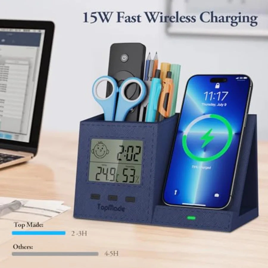 Wireless Charger with Pen Holder, PU Leather Desk Nightstand Organizer Fast Charging Station, Home Office Supplies Pencil Holde