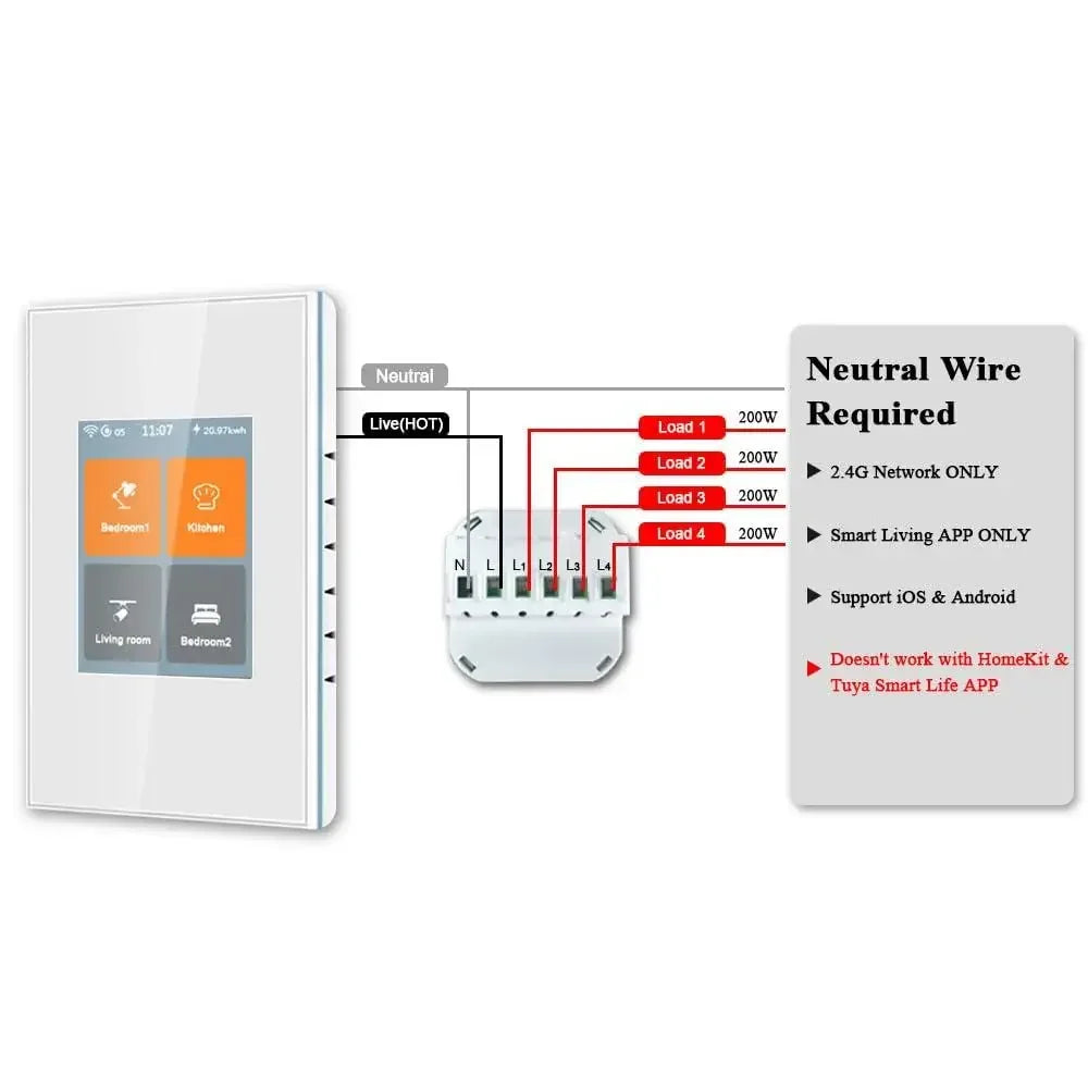 Smart Light Switch L8-HS4 4 Gang Touchscreen WiFi Switch APP Control Timer Voice Control