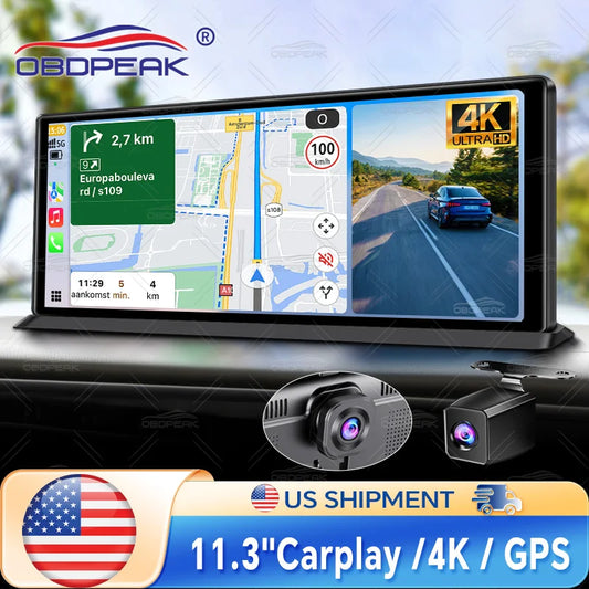 Dash Cam 4K Car DVR Wireless Carplay & Android Auto GPS Navigation