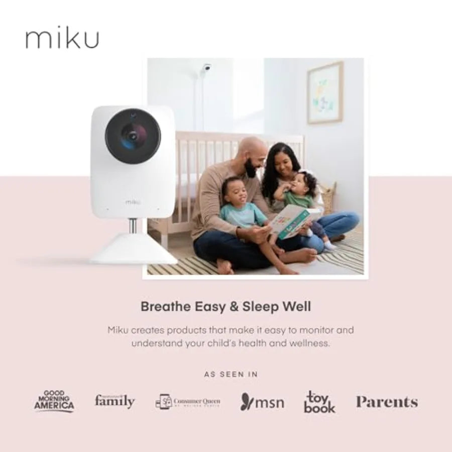 Smart baby monitor for nursery use, ABS plastic body in white, non-wearable real-time breathing tracking with 1080p Wi-Fi video