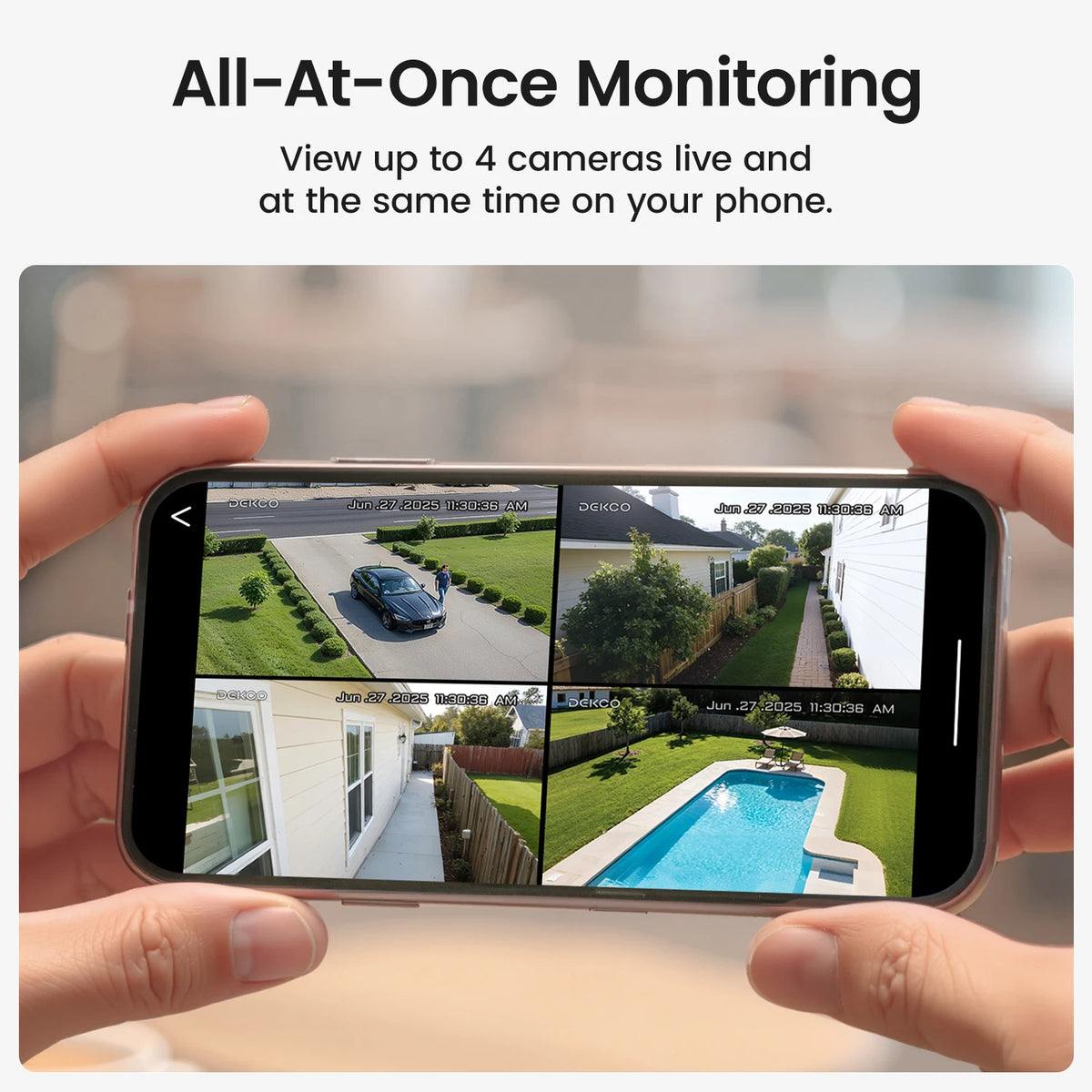 Dekco 3MP Solar Camera System 4 Cams Kit 5000mAh Battery Wireless 360° PTZ Surveillance Wifi Camera Set Support Alex 2-way Audio