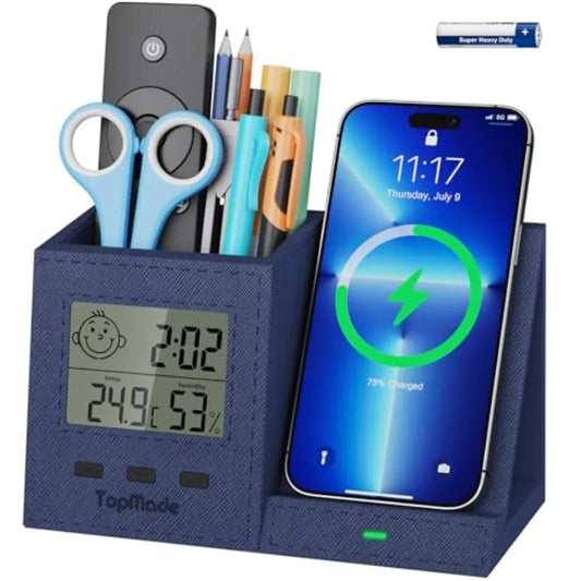 Wireless Charger with Pen Holder, PU Leather Desk Nightstand Organizer Fast Charging Station, Home Office Supplies Pencil Holde