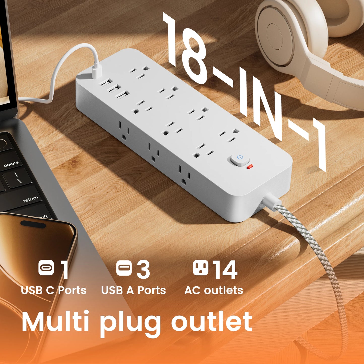 18-in-1 Multitap Power Strip US Plug AC Outlet USB Port