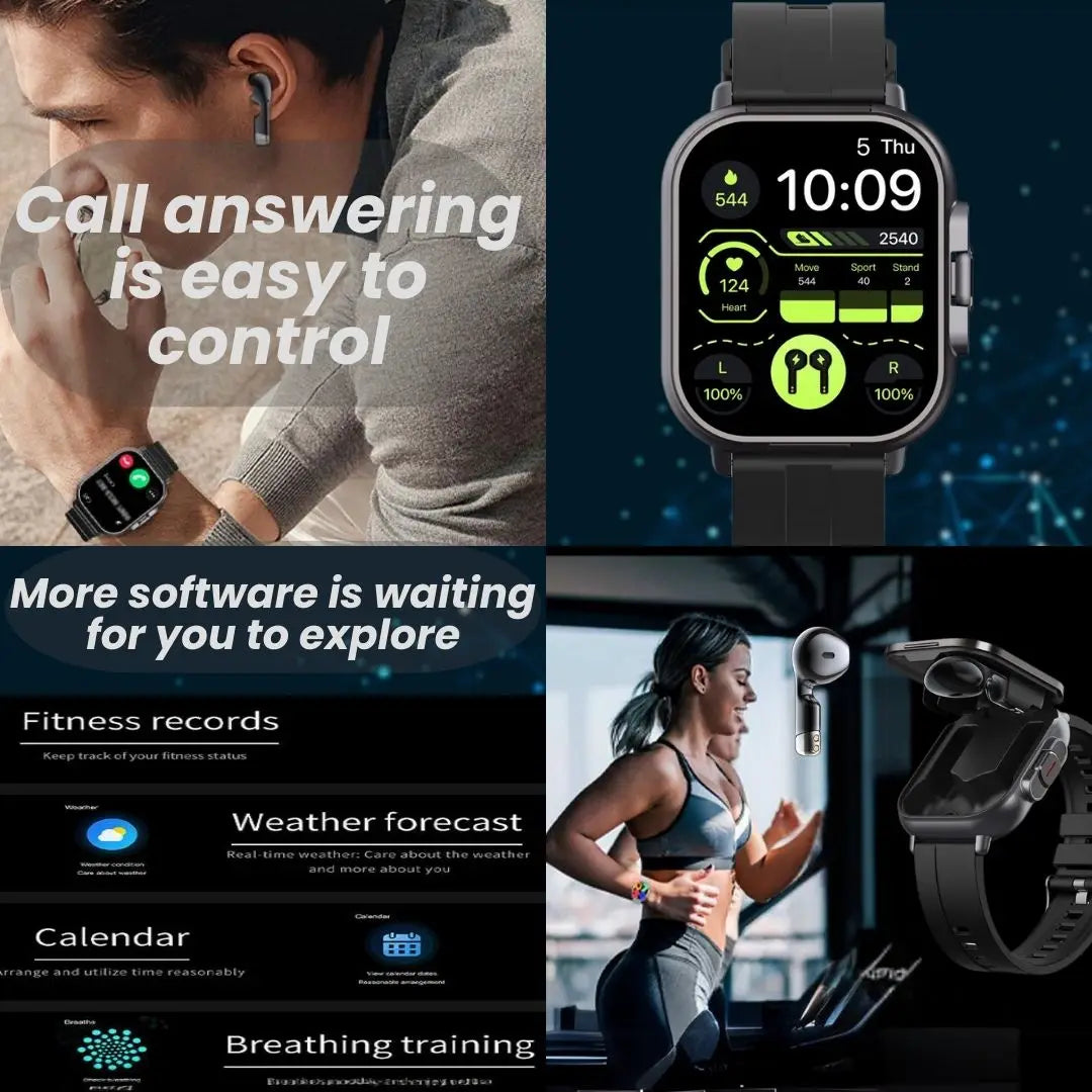 2 in 1 Built-in Smartwatch with Earphone Multi-Sport NFC Call Smart Watch with Earbuds Headphone for iPhone Android Smartphone
