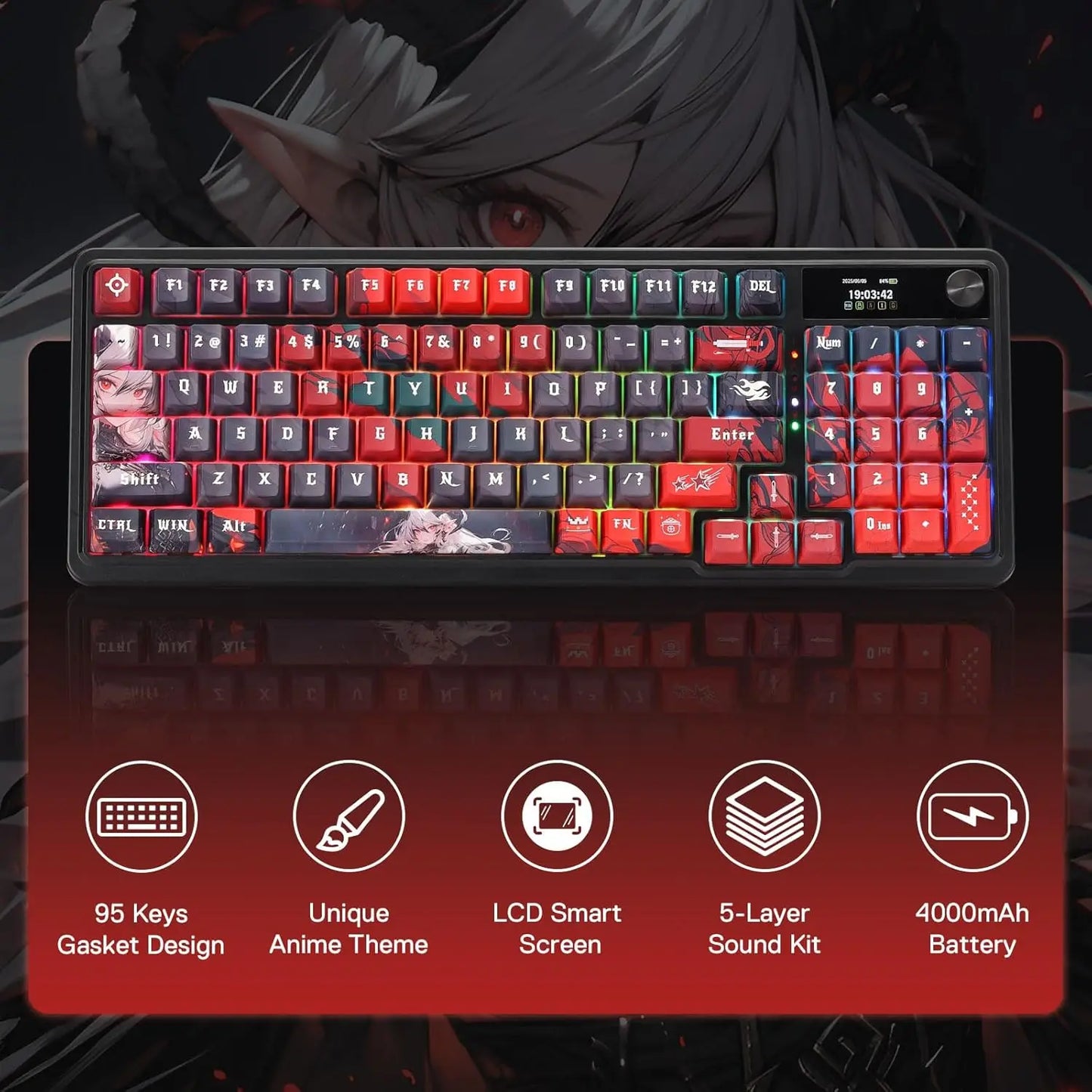 Redragon K719 PRO Wireless Gasket Gaming Hype Screen & Knob, 95 Keys Mechanical Keyboard,Easy-Control