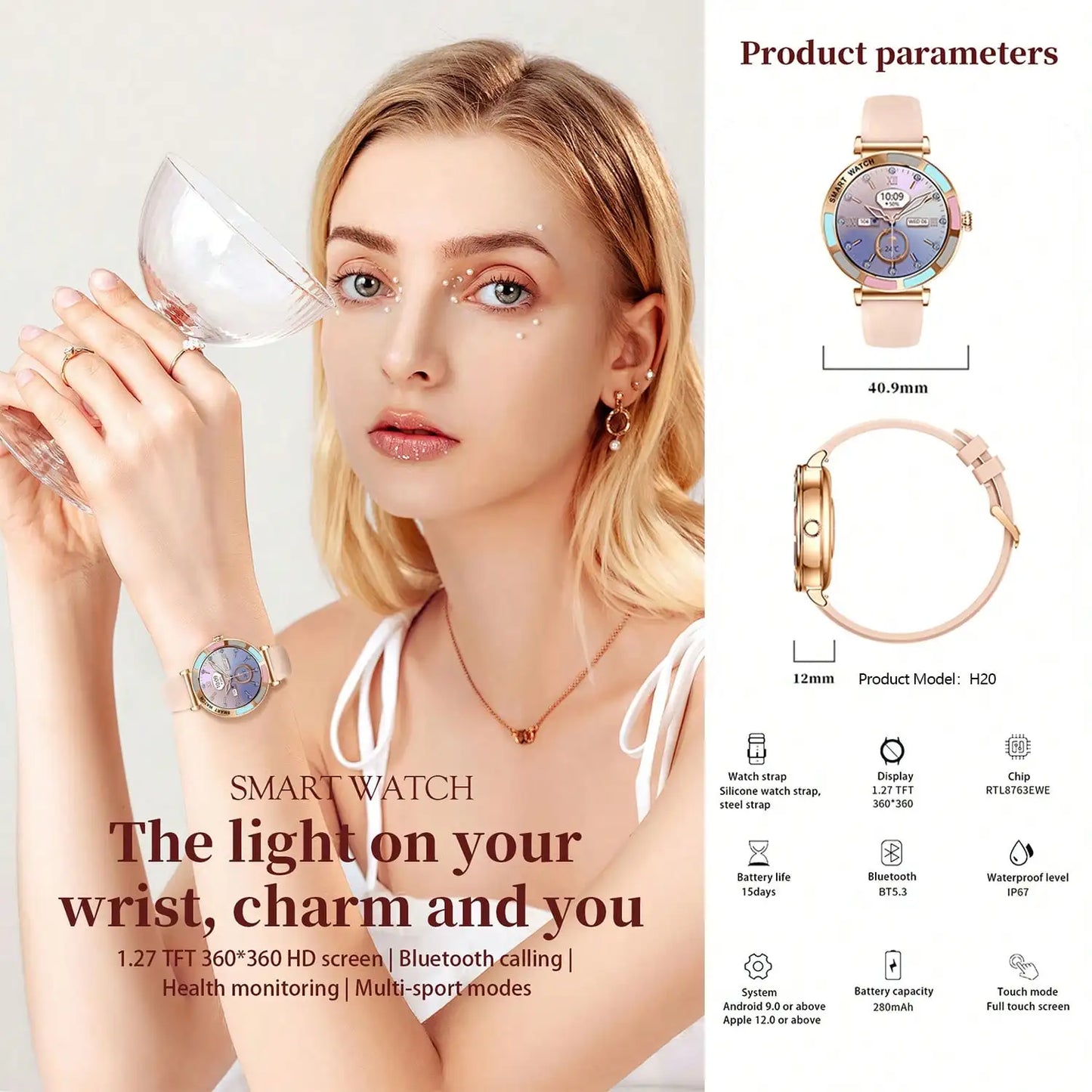 Elegant Round Smart Watch for Women 1.27" HD Screen Bluetooth Call Fitness Tracker Heart Rate SpO2 Sleep Monitor IP67 Waterproof Fashion Wristwatch