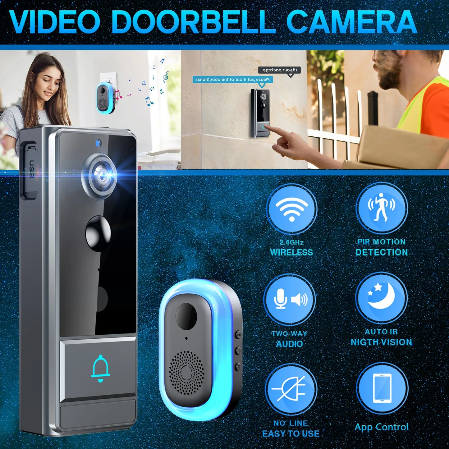 Wireless Smart Video Doorbell, Video Doorbell Camera, Home Security WiFi Doorbell Camera, PIR Motion Doorbell