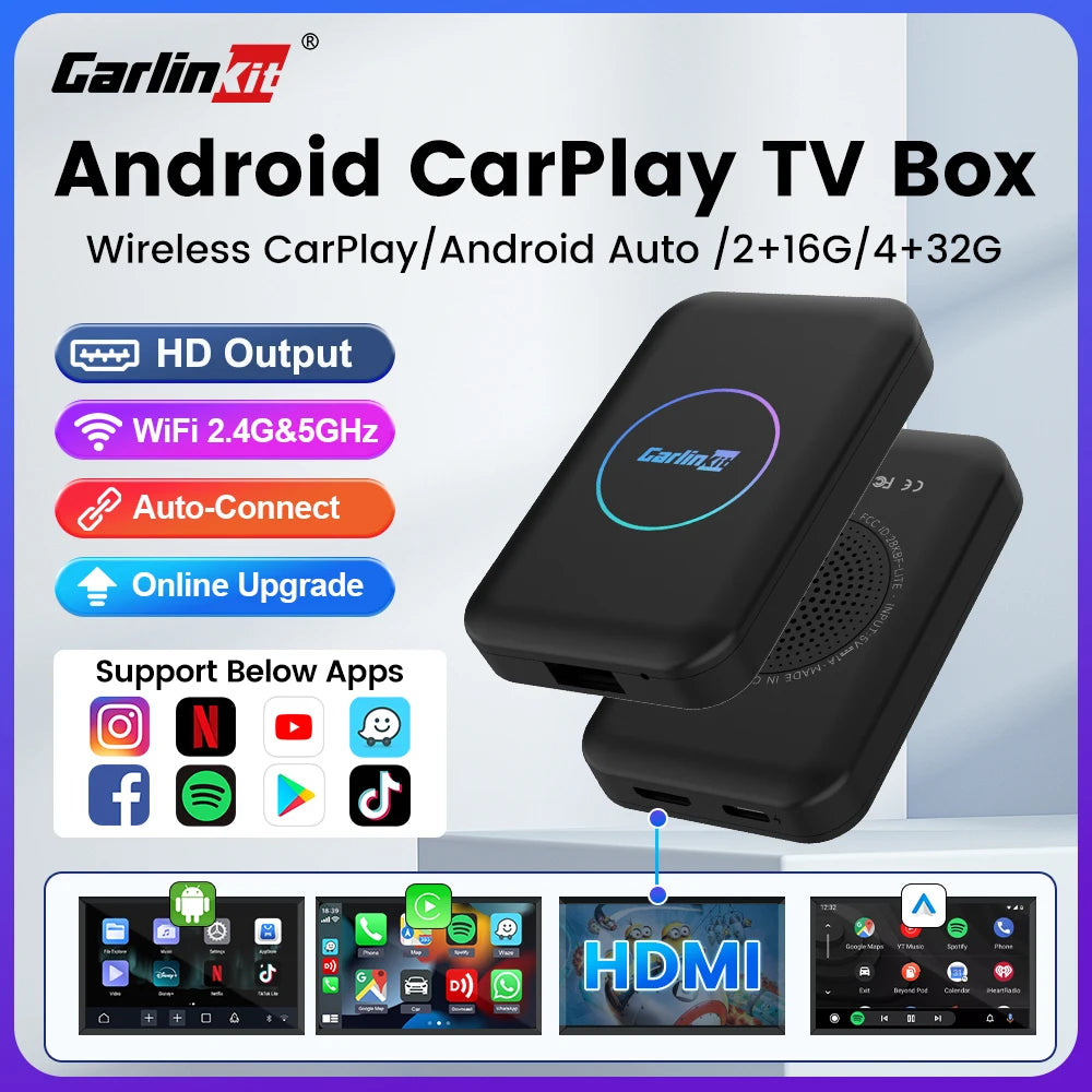 CarlinKit 5 in 1 LITE S Android TV Box Wireless Carplay Android Auto For Youtube Netflix Iptv HD Output 5GHZ WIFI  Plug And Play