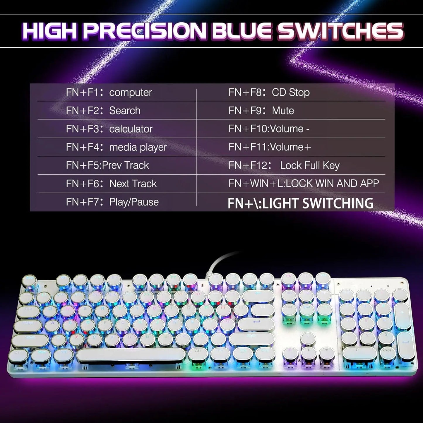 Typewriter Style Mechanical Gaming Keyboard RGB Backlit Wired Blue Switch 104 Keys White