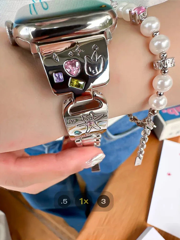 Cute Cat Glossy Metal Band For iWatch Ultra 10 9 8 7 42 45mm 46mm 49mm Diamond Bracelet Strap For Apple Watch 38mm 41mm 6 5 SE 4