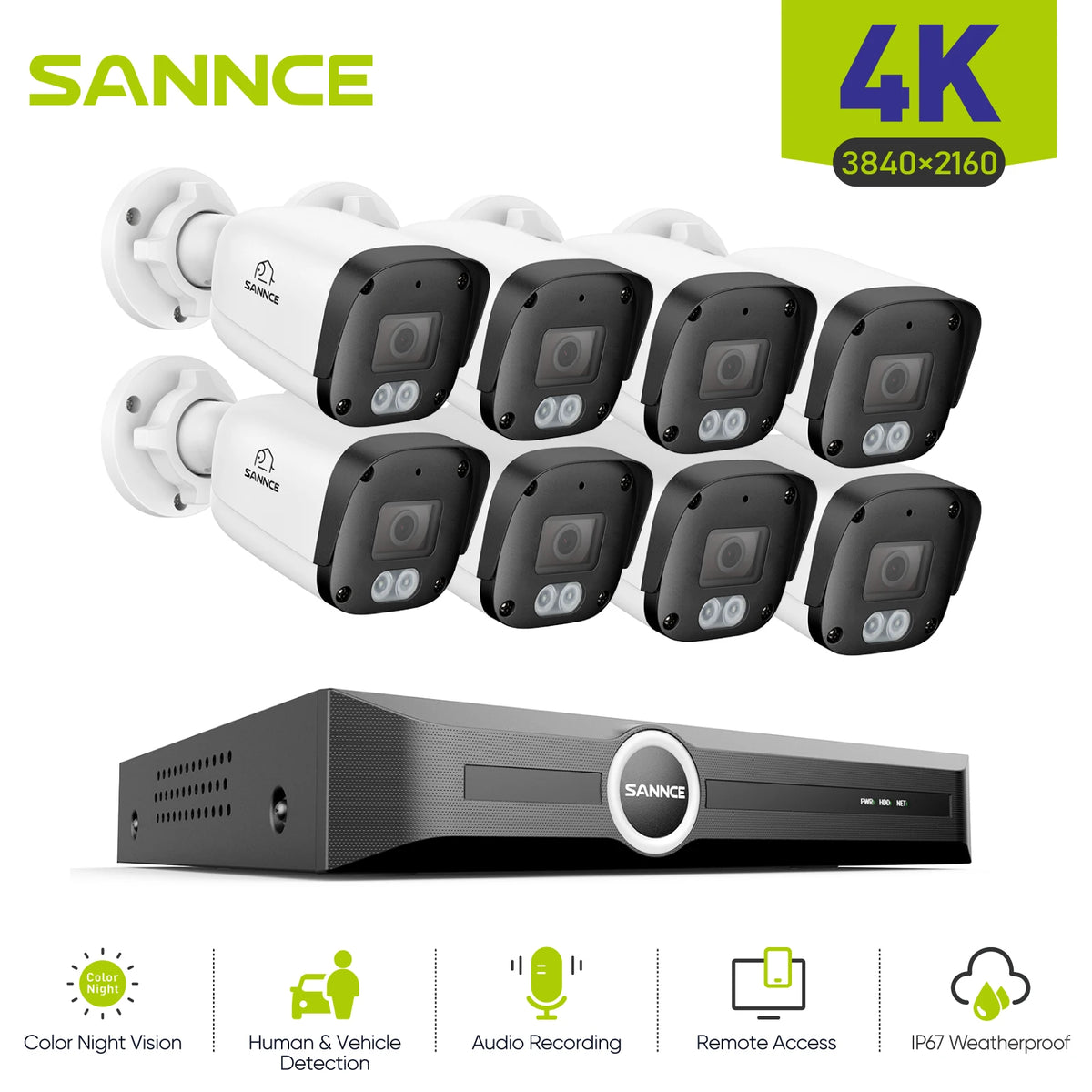 SANNCE 8MP PoE Security Camera Outdoor, IP67 8CH NVR with 2.8mm 4K Bullet Cameras, H.265 Built-in Mic, AI Human Vehicle Detection, Dual Light Night Vision Home Surveillance Cameras ONVIF
