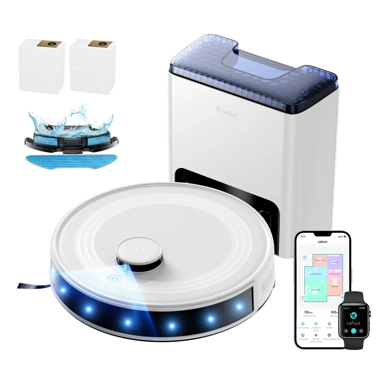 Lefant   M2L Plus Robot Vacuum and Mop, 75-Day Self-Emptying, 6000Pa Strong Suction, Customized Cleaning, Multi-Floor Mapping, 130 Min Runtime, 2.4G/5G WiFi/Alexa/APP/iWatch