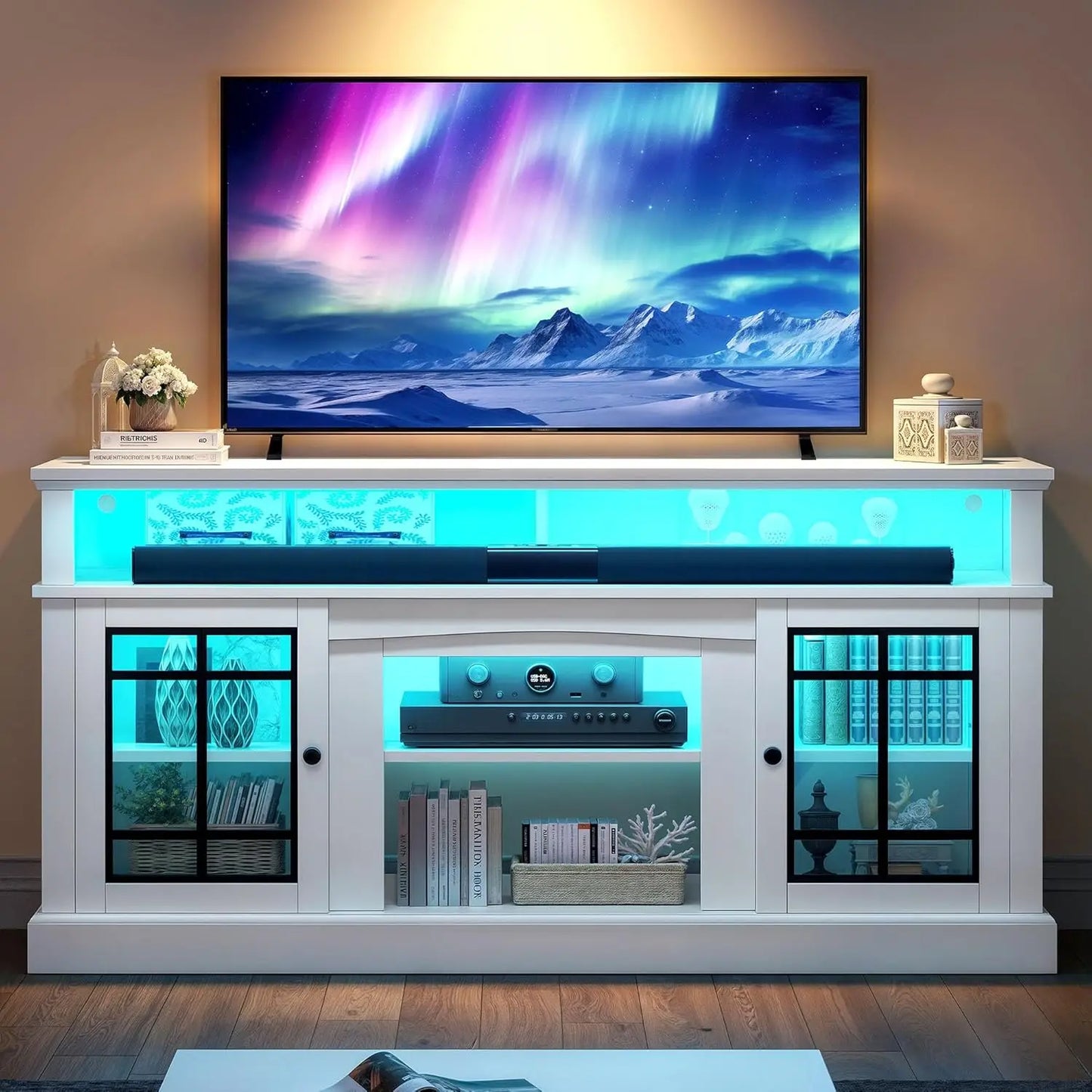 Black TV Stand for 75 Inch TV LED Modern Entertainment Center