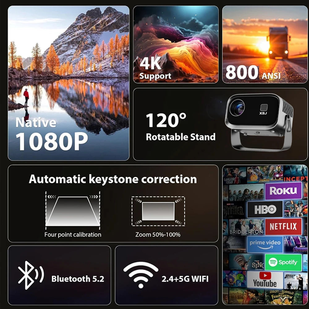 K6 Portable Projector with WiFi BT,1080P HD 4K Support, Smart Projector Built-in Apps, Mini Projector for Outdoor Home Movie