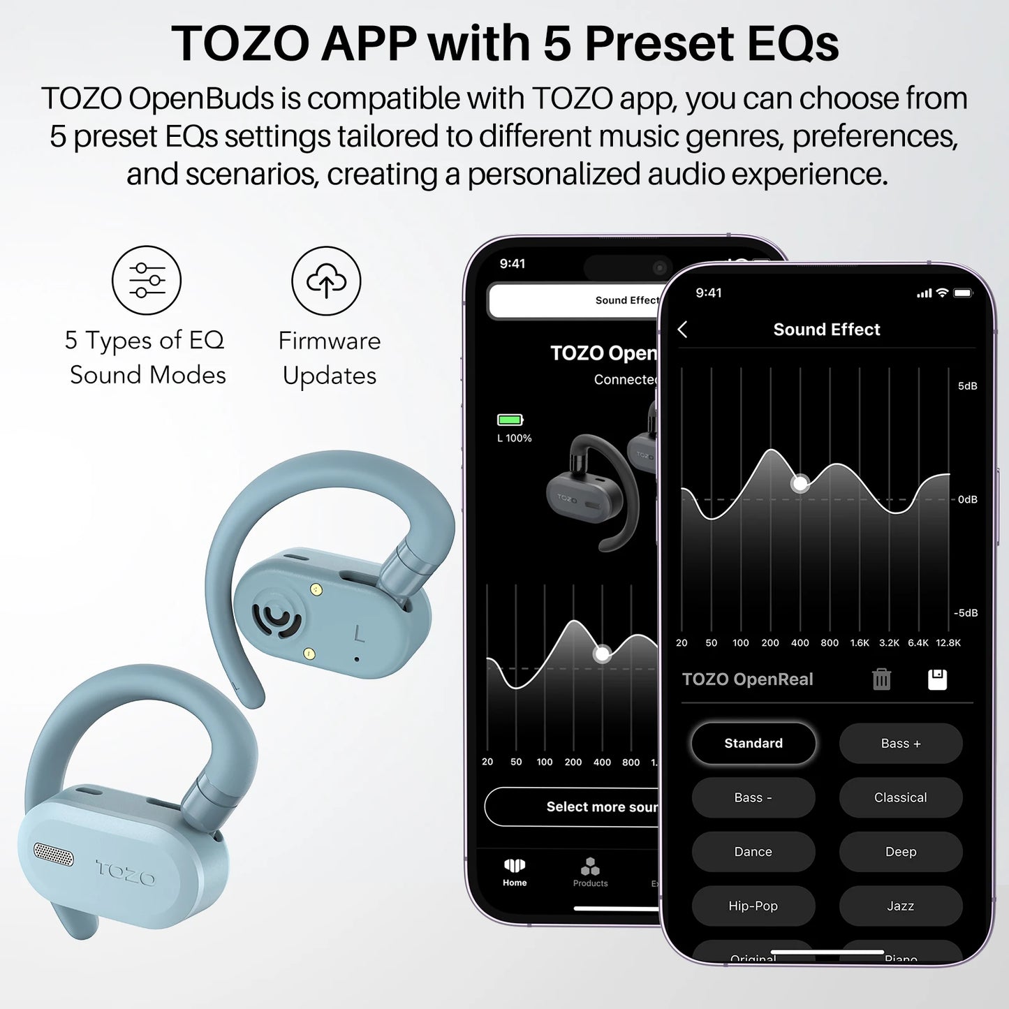 Refurbished TOZO Open Ear Hooks Headphones OWS Wireless Bluetooth 5.3 Earphones Earbuds
