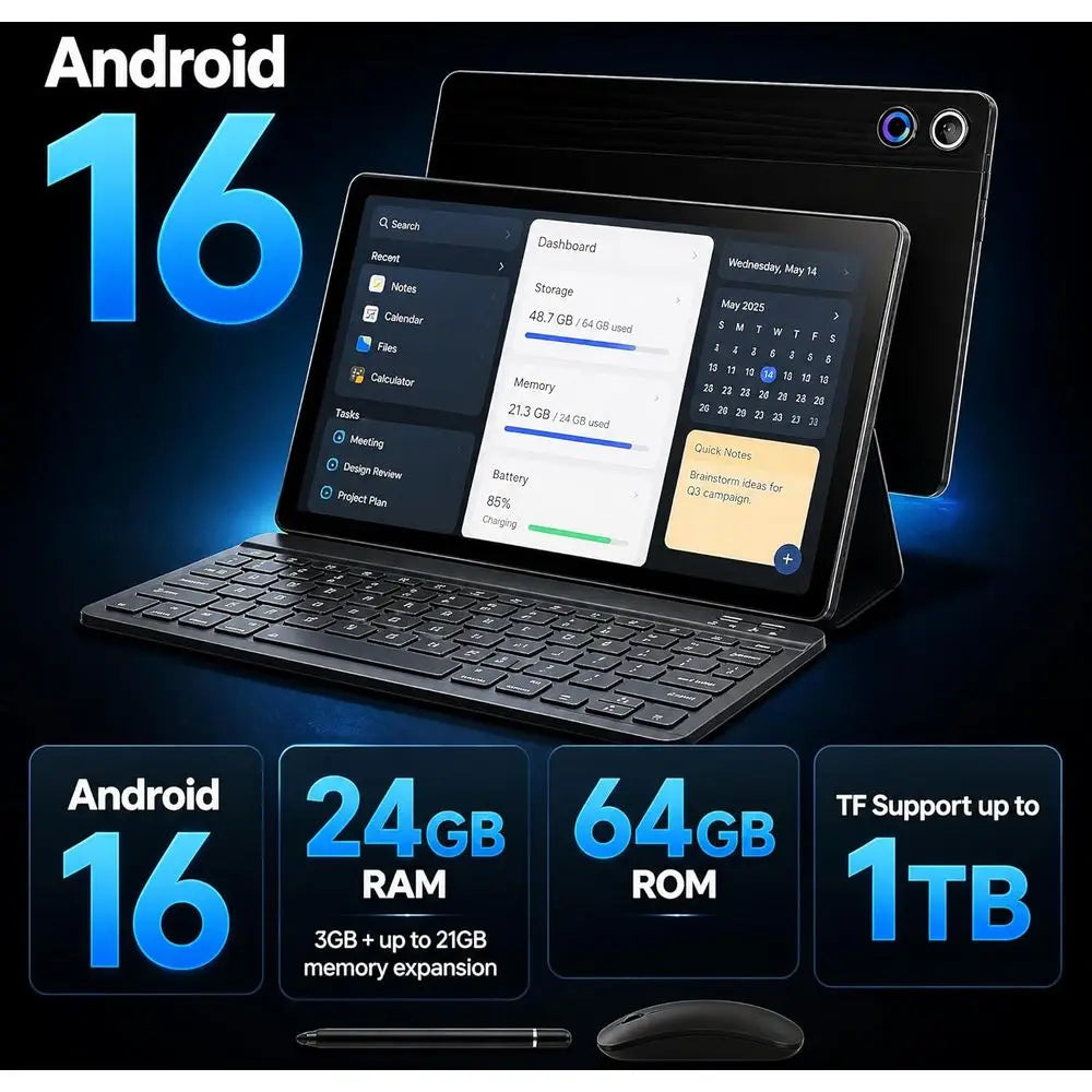10.1 Inch 2-in-1 Tablet with Keyboard, Wireless Mouse, Stylus, Case, Dual Cameras, 64GB+1TB Storage, 5G, Ideal for Portable Work