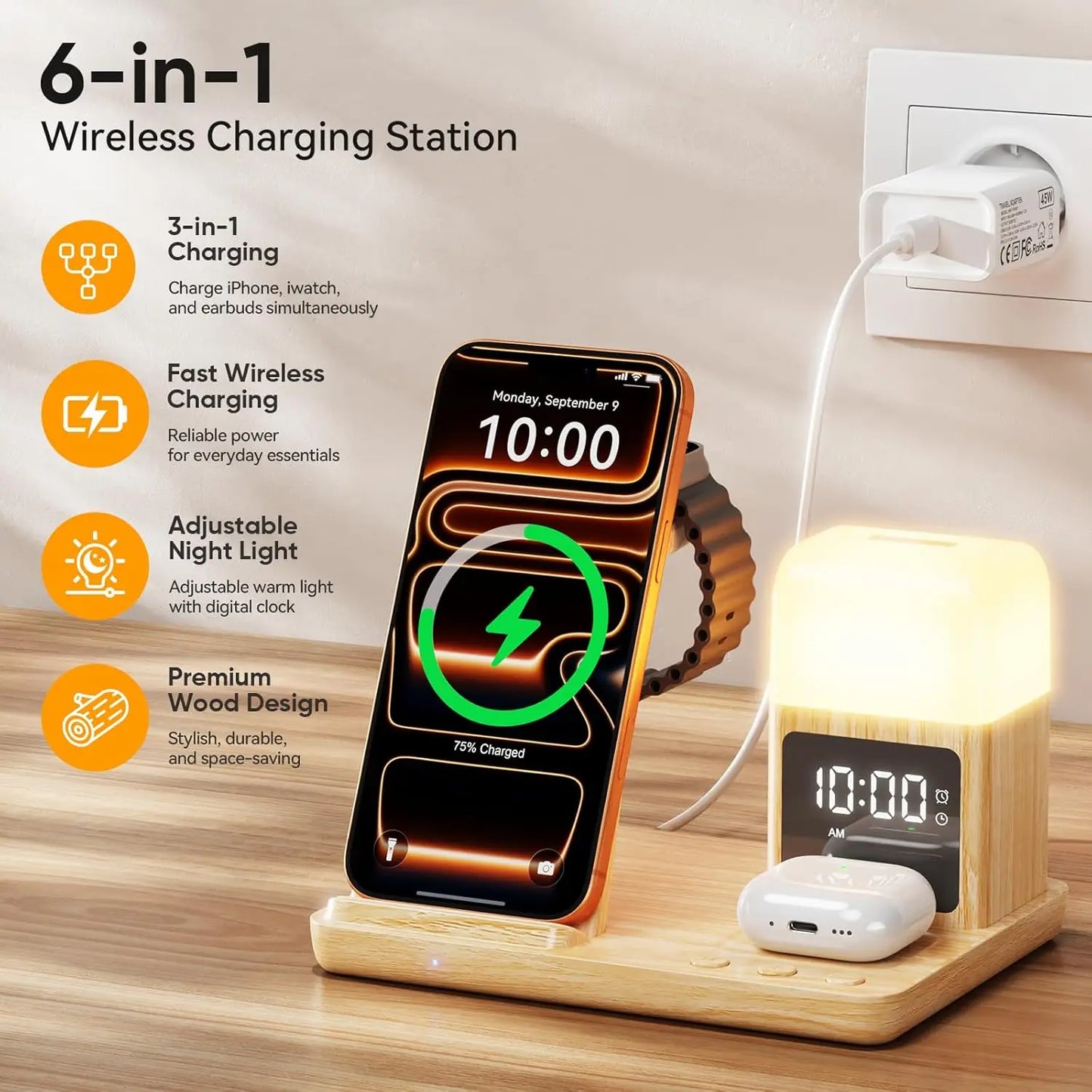 6 in 1 Wireless Charging Station with Clock & Night Light for iPhone, Apple Watch, AirPods