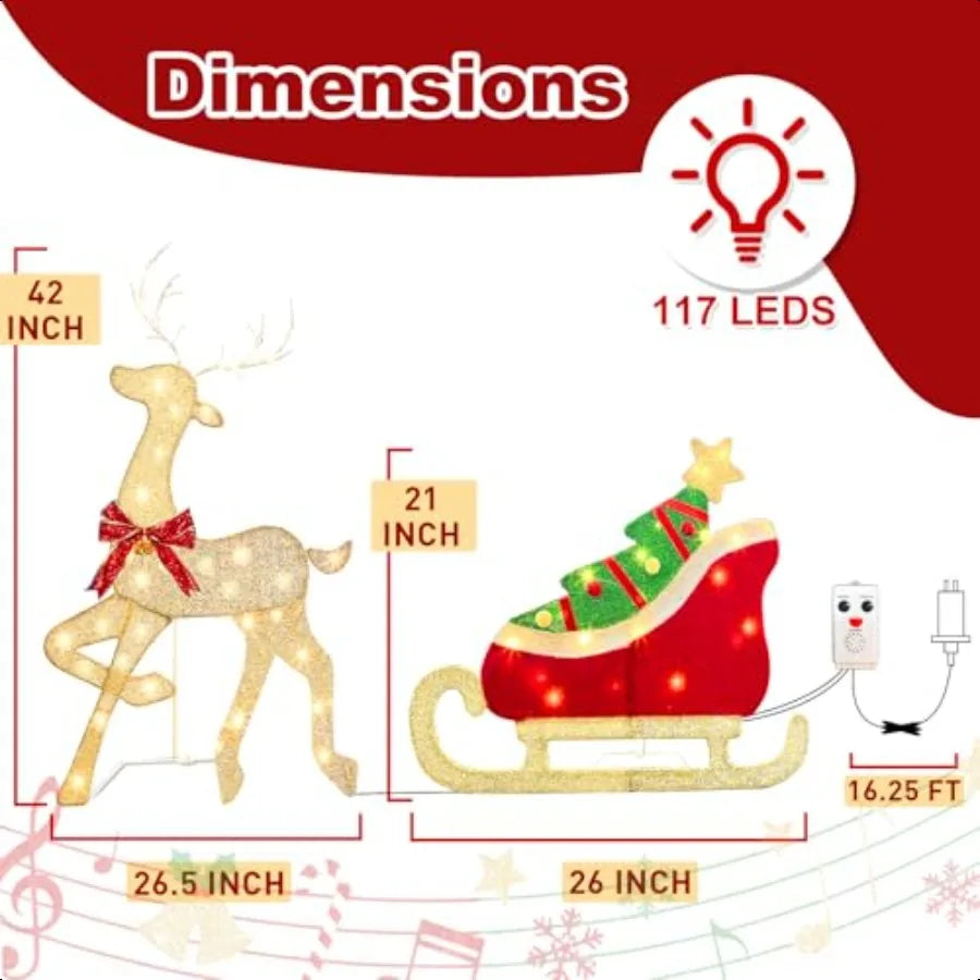 Christmas Decorations Outdoor 42 Inch Christmas Reindeer Sled with 117 Warm White Lights